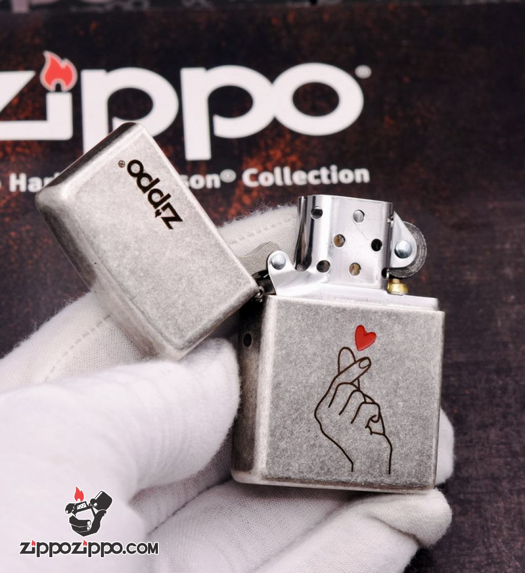 Bật Lửa Zippo Bạc Giả Cổ Khắc Biểu Tương Drop Heart