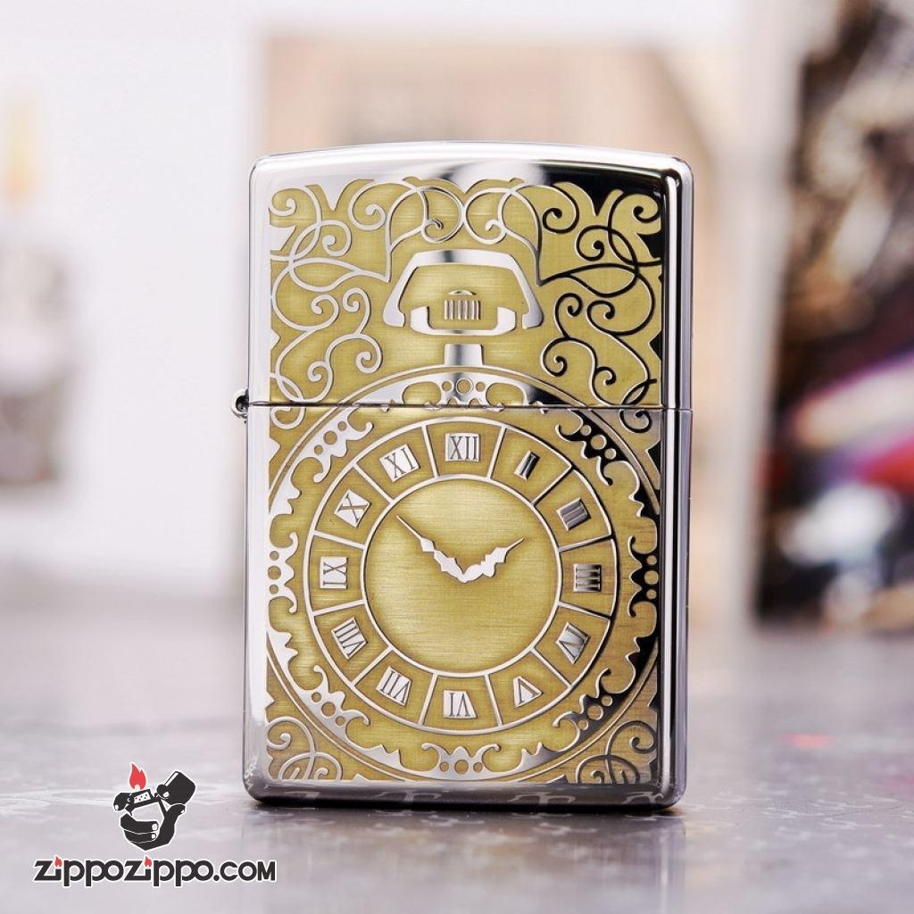 Zippo 250 Bạc khắc hình đồng hồ màu đồng - Thời gian là tiền bạc